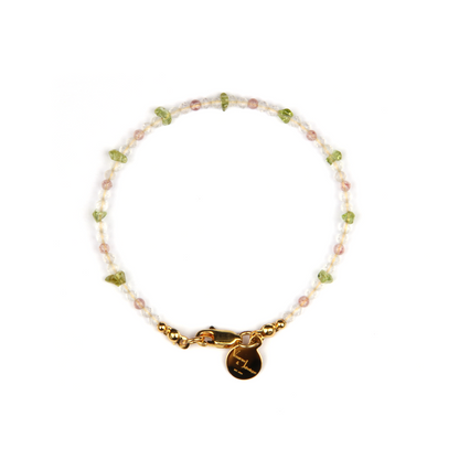 Minimalist extra thin crystal bracelet with strawberry rose quartz, chip peridot, and 2mm faceted clear quartz, 2-5mm overall