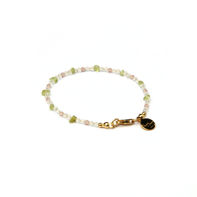 Minimalist extra thin crystal bracelet with strawberry rose quartz, chip peridot, and 2mm faceted clear quartz, 2-5mm overall