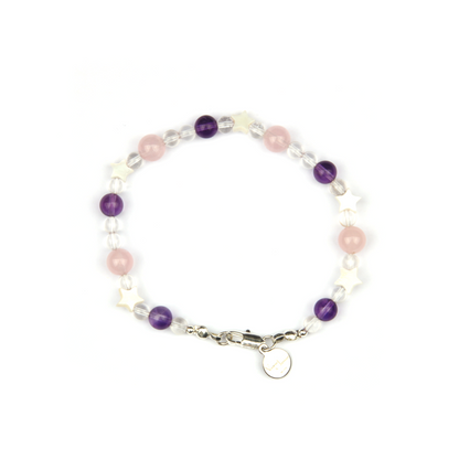 uruguay amethyst with clear quartz and classic rose quartz and star shape mother of pearl bracelet