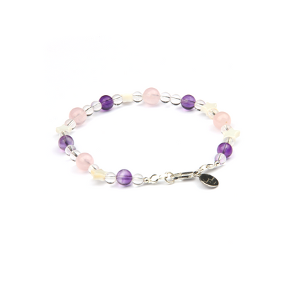 uruguay amethyst with clear quartz and classic rose quartz and star shape mother of pearl bracelet