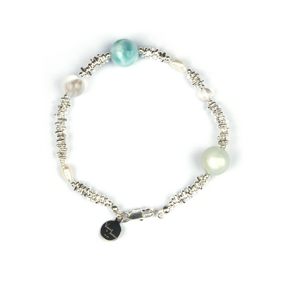white and blue moonstone and raw shape fresh water pearl with clear quartz and one larimar and s925 silver bead bracelet for women gift for girl friend