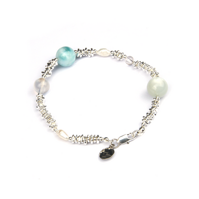 white and blue moonstone and raw shape fresh water pearl with clear quartz and one larimar and s925 silver bead bracelet for women gift for girl friend